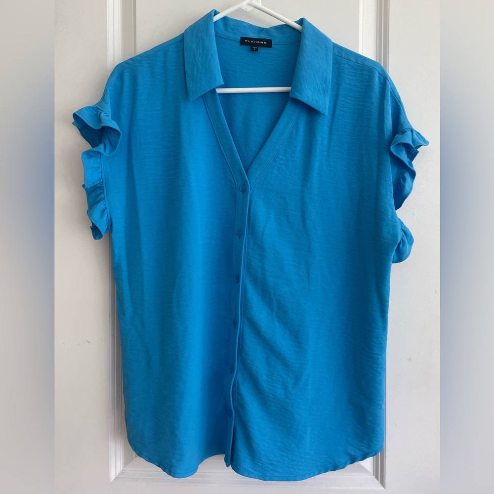 Blue Ruffle Sleeve Women's Top. Pleione Sky Blue Button Down Blouse.